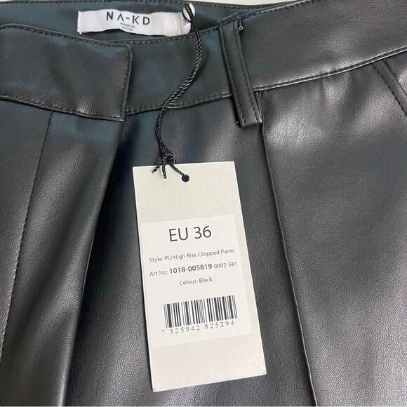NA-KD Vegan Faux Leather PU High Rise Cropped Pants in Black Size EU 36 | US 6 - Picture 10 of 13